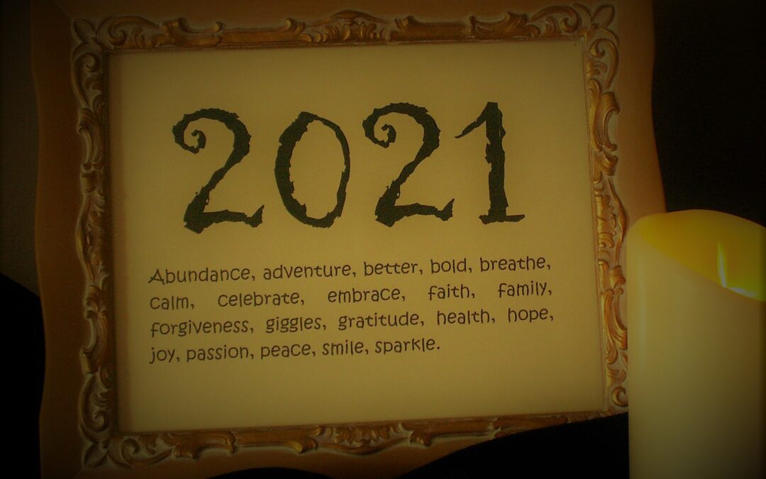 Gold frame of 2021 and single words to describe 2021