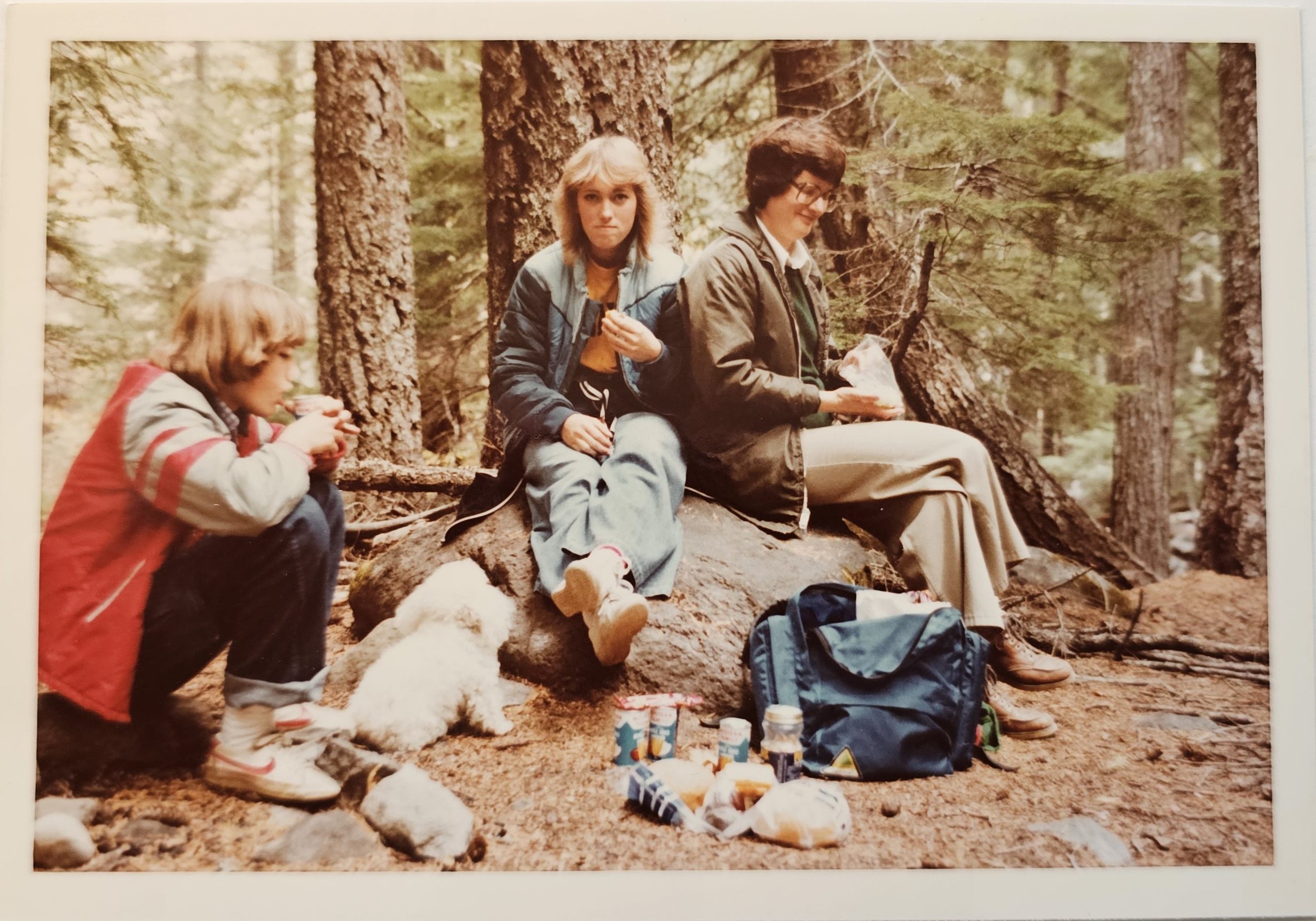 Mother and two daughters sitting on a log in the forest.