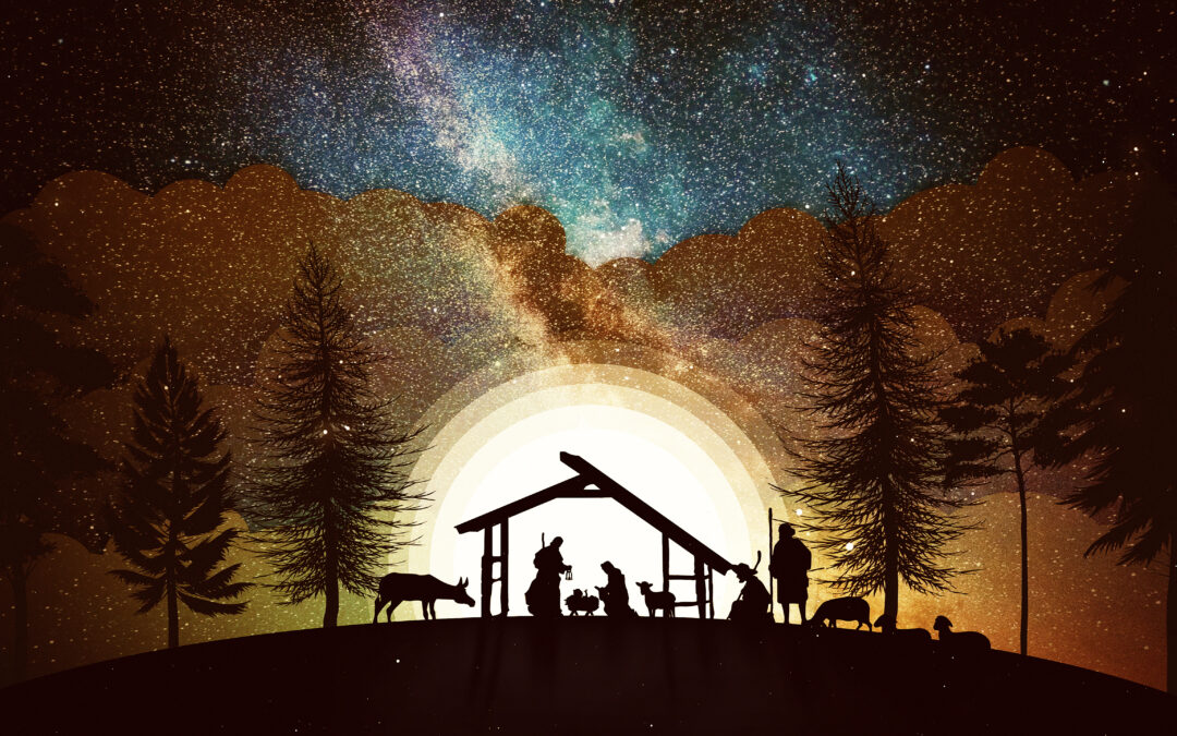 Christmas Scene animation with twinkling stars and nativity characters. Nativity Christmas story under starry sky and moving wispy clouds on golden.
